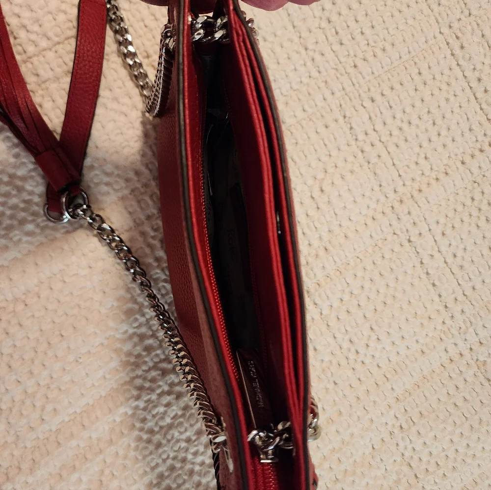 Michael Kors Whipped Chelsea Red Leather Bag with Tassel Silver $328 NEW